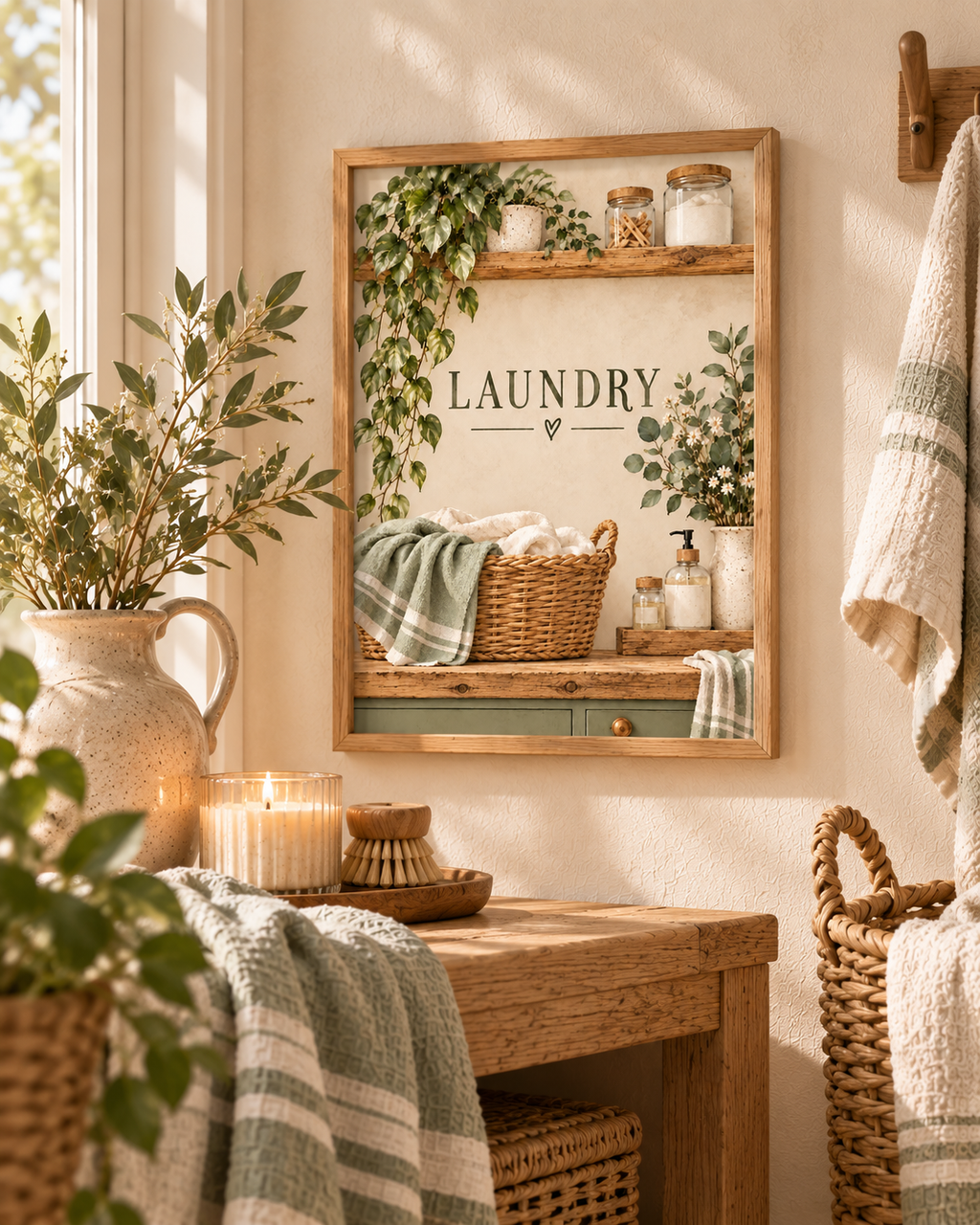 Botanical laundry artwork with LAUNDRY lettering, woven linen basket, trailing greenery, cream flowers and rustic wooden shelves styled in a rustic laundry room