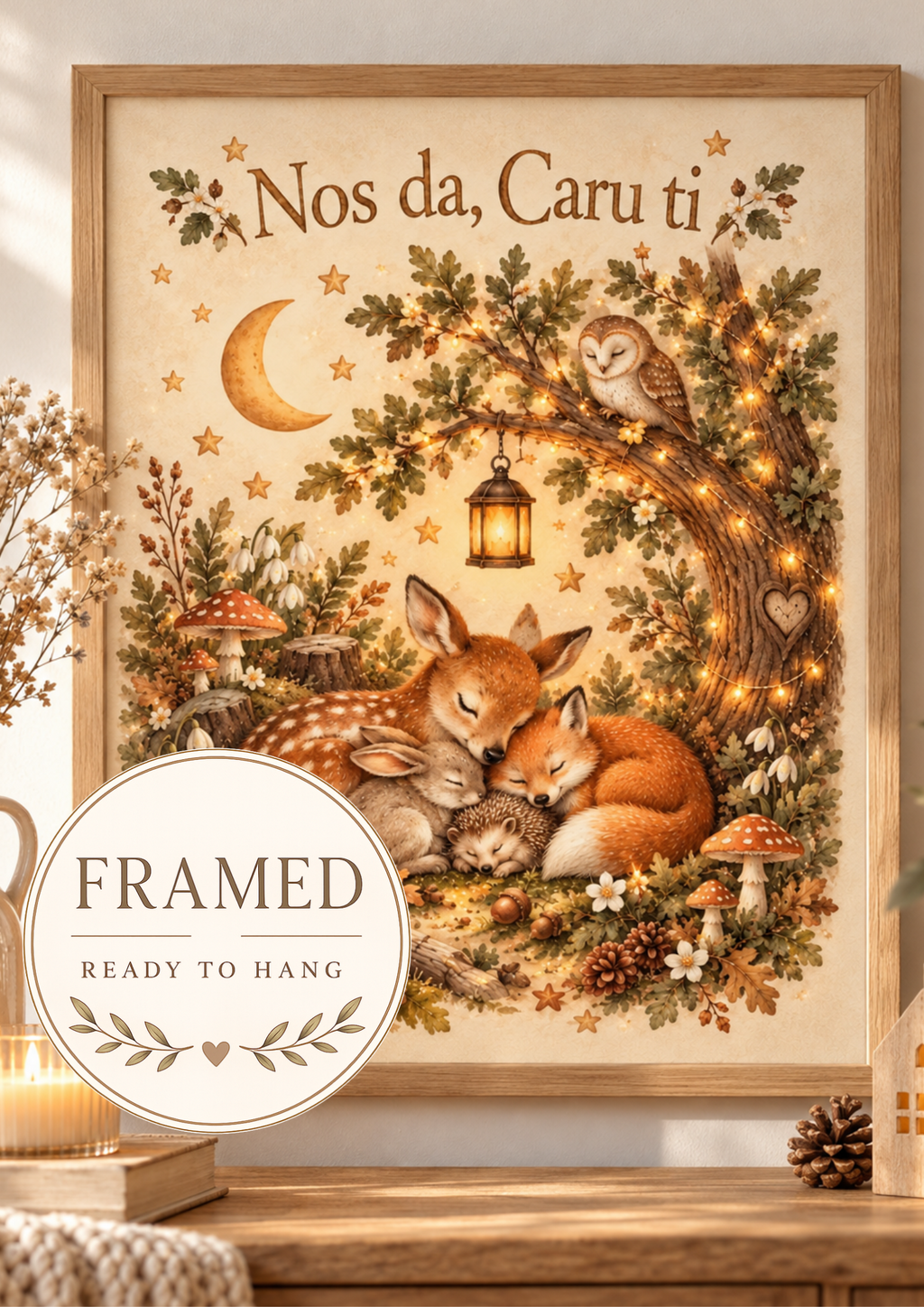Nos da Caru ti Welsh goodnight woodland scene with sleeping fox and deer, owl, crescent moon, lantern and leafy tree; framed and ready to hang badge