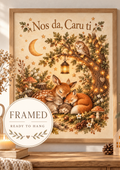 Nos da Caru ti Welsh goodnight woodland scene with sleeping fox and deer, owl, crescent moon, lantern and leafy tree; framed and ready to hang badge