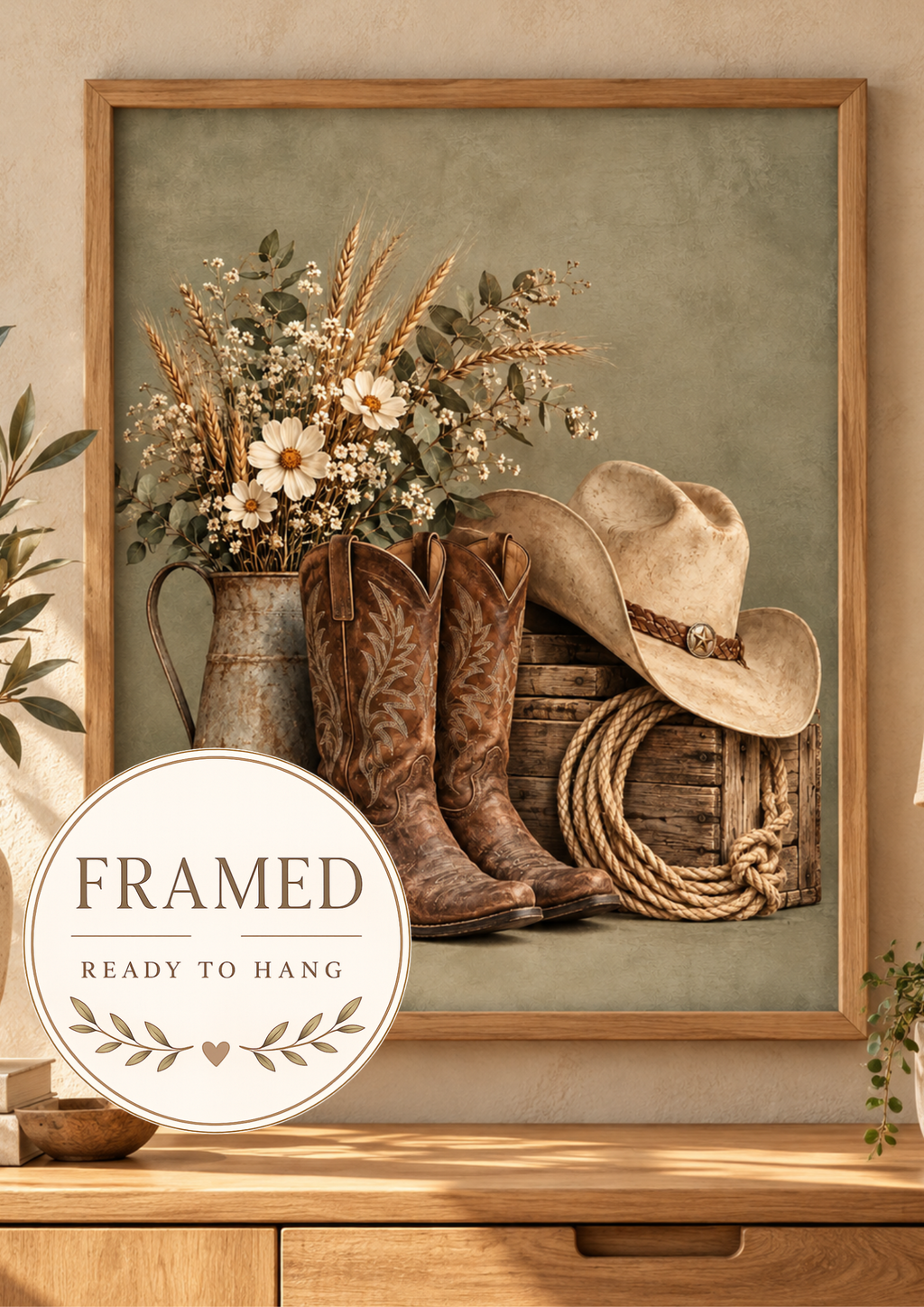 Framed Cowboy Boots Wall Art Print, Rustic Western Hat and Wildflower Decor