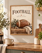 Vintage American football with game day all day wording, greenery and knitted textures styled in a kitchen