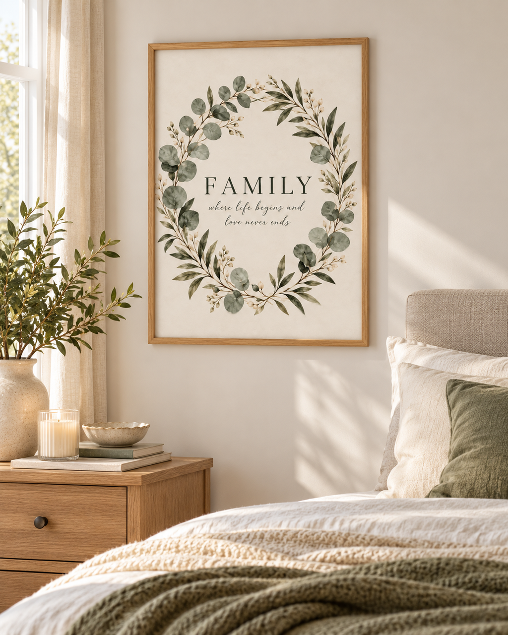 Family where life begins and love never ends quote surrounded by a sage green eucalyptus and white flower wreath styled in a bedroom