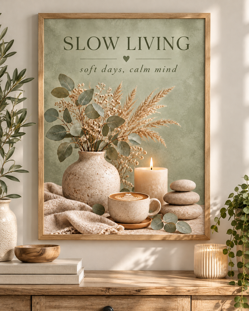 Slow Living artwork with sage green foliage, dried grasses, a coffee cup, candle, ceramic vase and pebbles; print only, frame not included