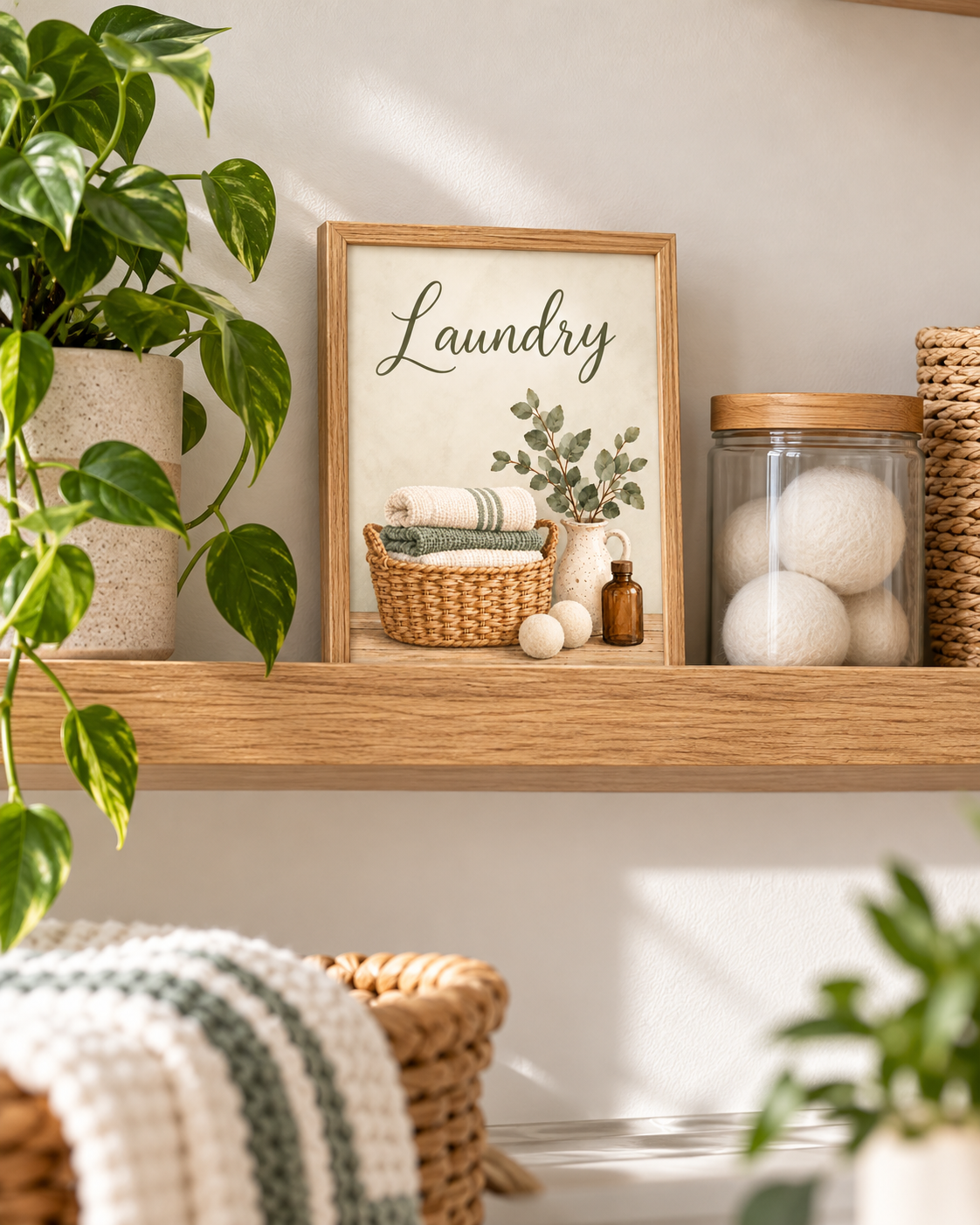 Laundry artwork with olive-green script, woven basket of folded towels, leafy ceramic jug, wool dryer balls and amber bottle styled in a shelf