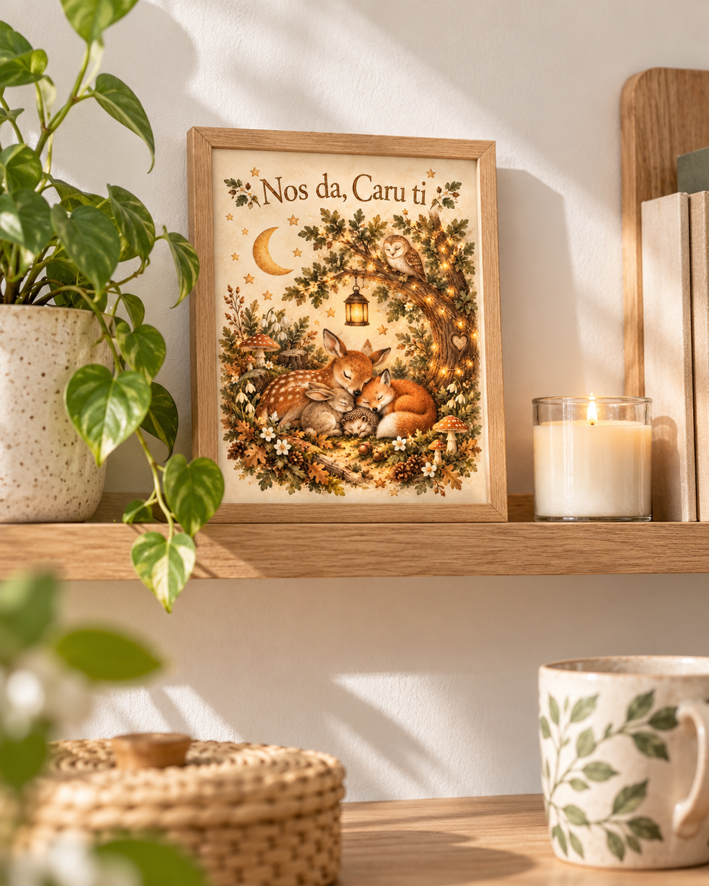Nos da Caru ti Welsh goodnight woodland scene with sleeping fox and deer, owl, crescent moon, lantern and leafy tree styled in a shelf display