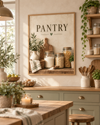 Rustic pantry artwork with glass storage jars, wooden chopping board, ceramic jug, white flowers and PANTRY lettering styled in a kitchen