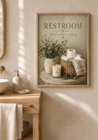 Sage green Restroom artwork styled in a warm neutral bathroom 1; selected frame included.