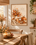 Autumn cosy nights quote with pumpkins, falling leaves, rustic vase, warm drink and knitted blanket styled in a dining room