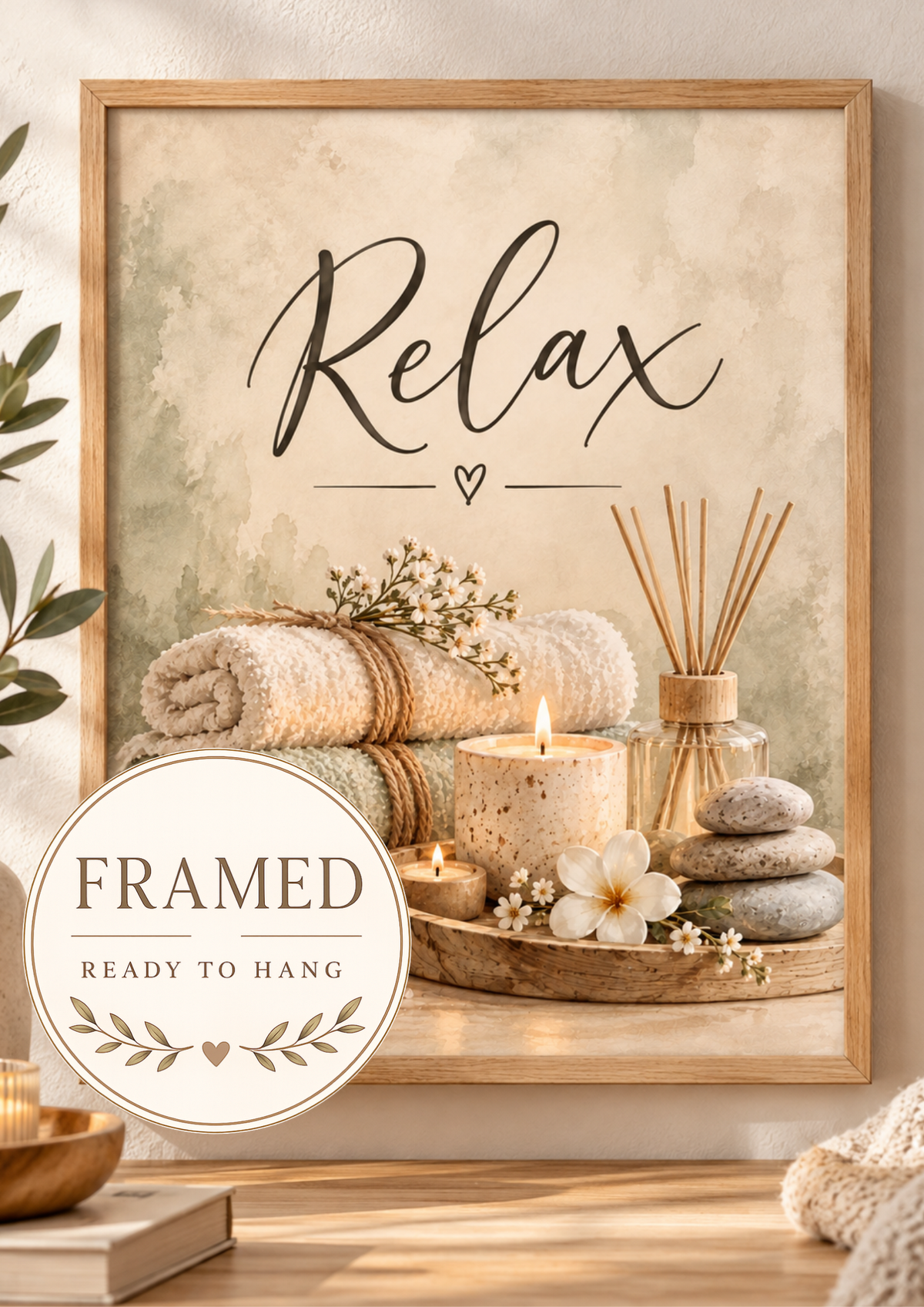 Relax spa artwork with candles, rolled towels, reed diffuser and smooth stones; framed and ready to hang badge