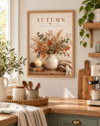 Autumn crisp air cosy moments artwork with dried flowers, eucalyptus and grasses in a rustic vase, candle and knitted blanket styled in a kitchen