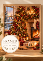 Cosy Christmas living room with a decorated tree, glowing fireplace, stockings and snowy cottage view; framed and ready to hang badge