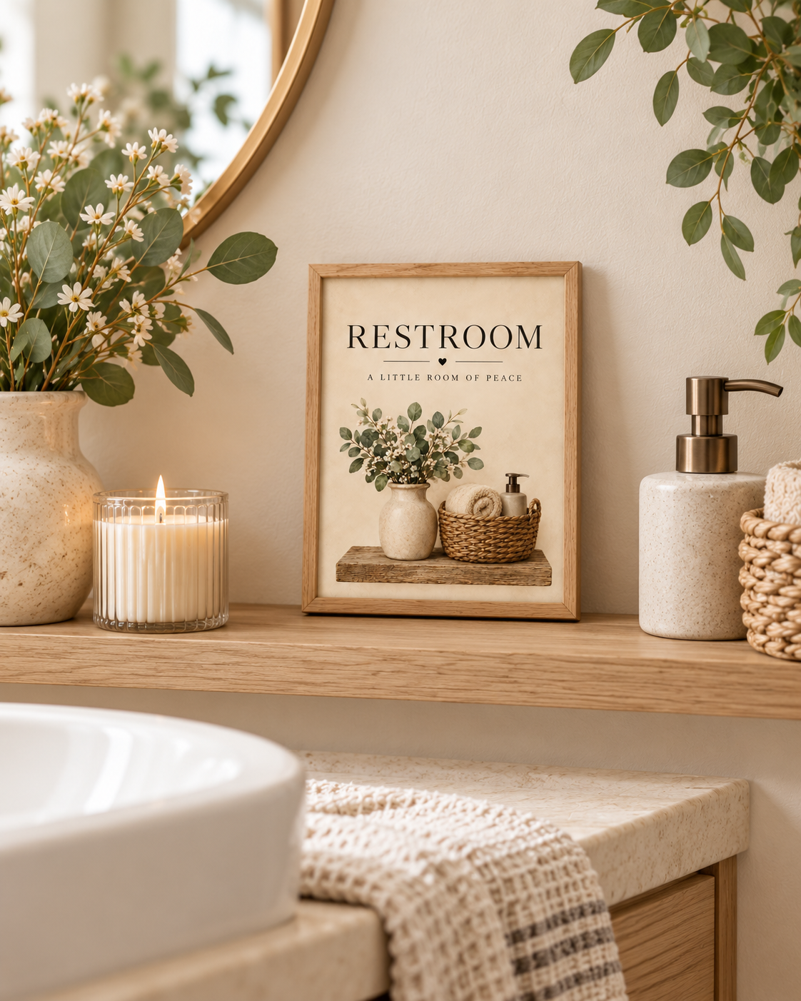 Restroom a little room of peace quote with botanical vase, ivory white flowers, rustic shelf, woven basket, towel and soap dispenser styled in a bathroom shelf