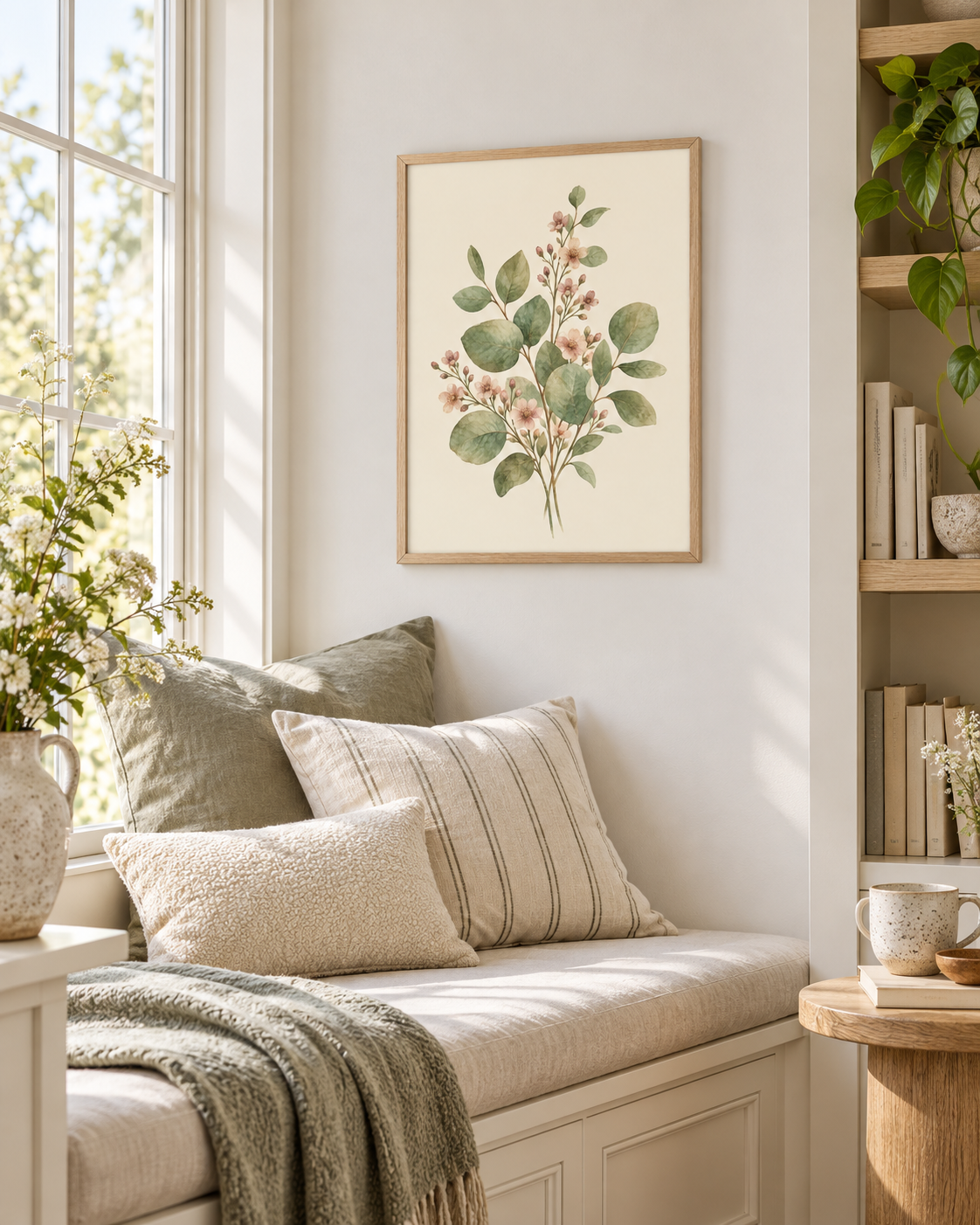 Sage green leaves and delicate blush pink flowers in a botanical watercolour arrangement styled in a window seat