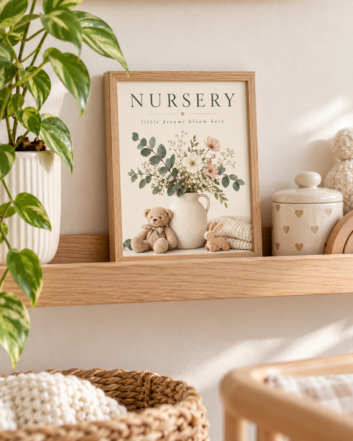 NURSERY little dreams bloom here artwork with cream and blush flowers, sage foliage, ceramic jug, teddy bear, wooden bunny and knitted blanket styled in a shelf display