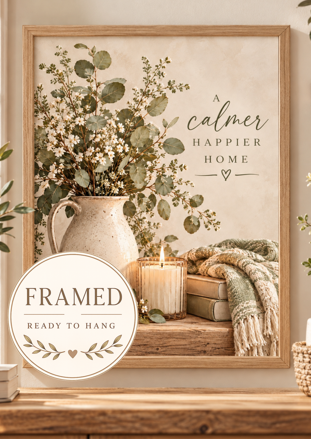A calmer happier home botanical artwork with eucalyptus, white wildflowers, rustic jug, candle, wooden house and knitted blanket; framed and ready to hang badge