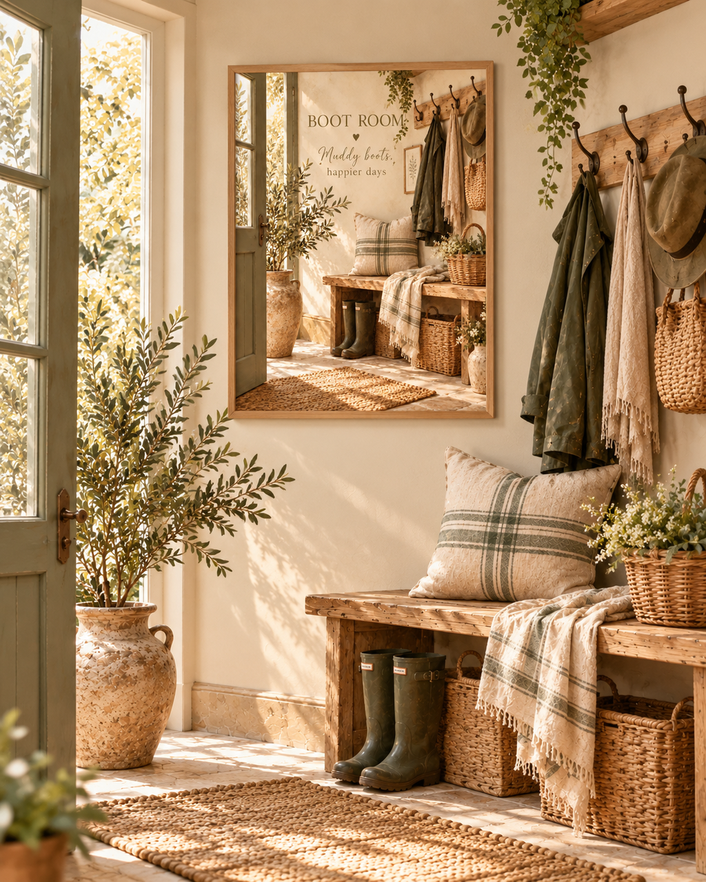 Boot Room quote, Muddy boots happier days, with wellies, rustic bench, woven baskets and country entryway details styled in a boot room