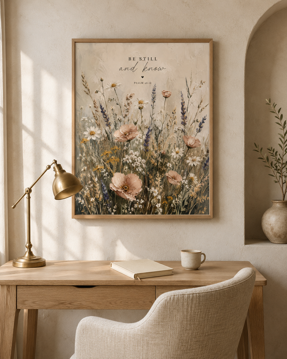 Be Still and Know Psalm 46:10 artwork with a softly painted wildflower meadow above a desk
