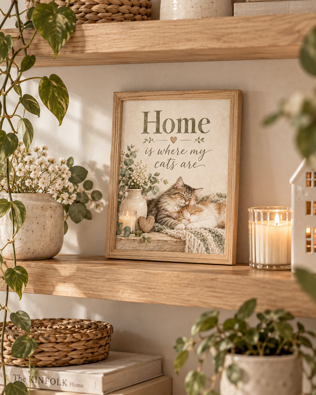 Home is where my cats are artwork with two sleeping cats, white flowers, sage foliage, candle, wooden heart and knitted blanket styled in a shelf