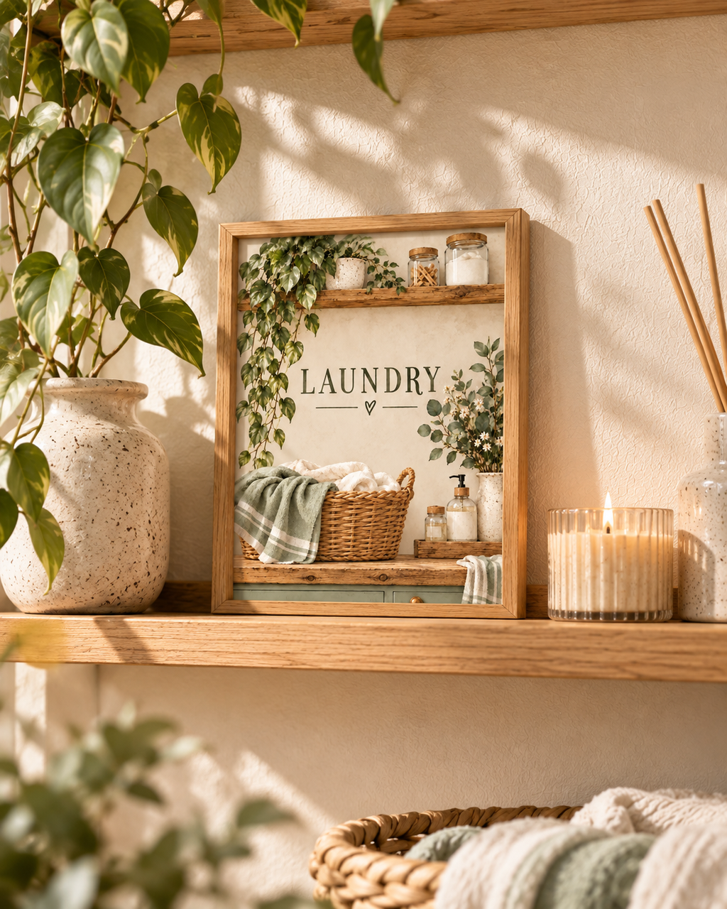 Botanical laundry artwork with LAUNDRY lettering, woven linen basket, trailing greenery, cream flowers and rustic wooden shelves styled in a shelf display