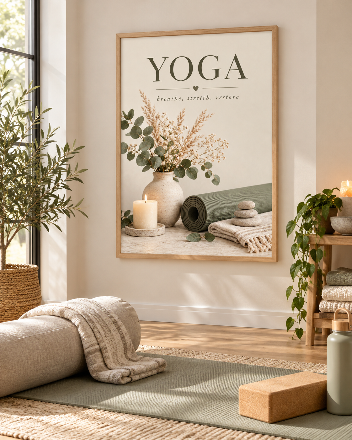Yoga breathe stretch restore artwork with sage green yoga mat, eucalyptus, dried flowers, candle and stacked stones styled in a yoga studio