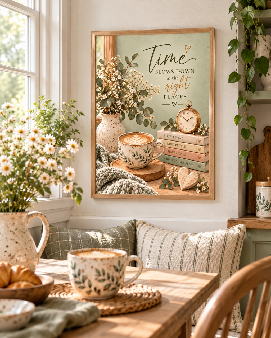 Time Slows Down in the Right Places artwork with flowers, coffee cup, books, vintage clock and wooden heart styled in a breakfast nook