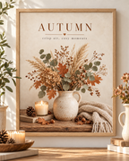 Autumn crisp air cosy moments artwork with dried flowers, eucalyptus and grasses in a rustic vase, candle and knitted blanket; print only, frame not included