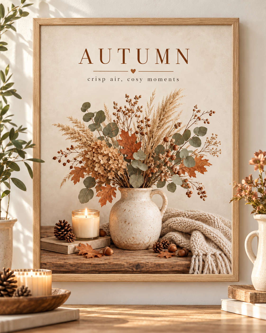 Autumn crisp air cosy moments artwork with dried flowers, eucalyptus and grasses in a rustic vase, candle and knitted blanket; print only, frame not included