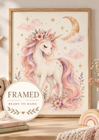 Pink and lilac watercolour unicorn with floral crown, golden crescent moon and stars; framed and ready to hang badge