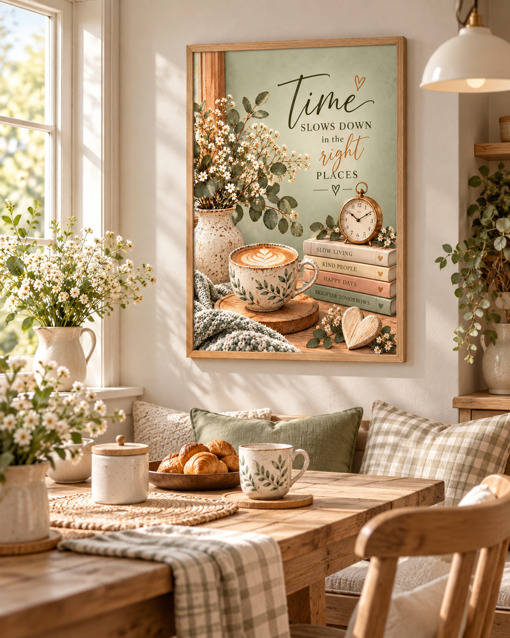 Time Slows Down in the Right Places artwork with flowers, coffee cup, books, vintage clock and wooden heart styled in a dining space