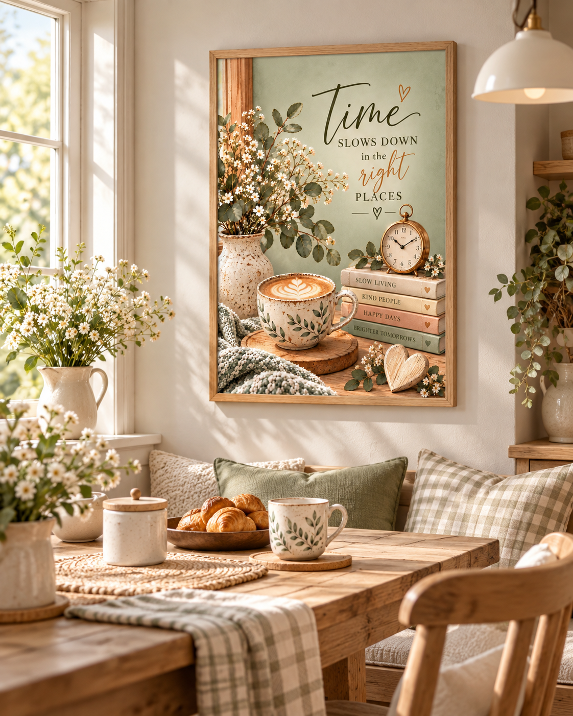 Time Slows Down in the Right Places artwork with flowers, coffee cup, books, vintage clock and wooden heart styled in a dining space