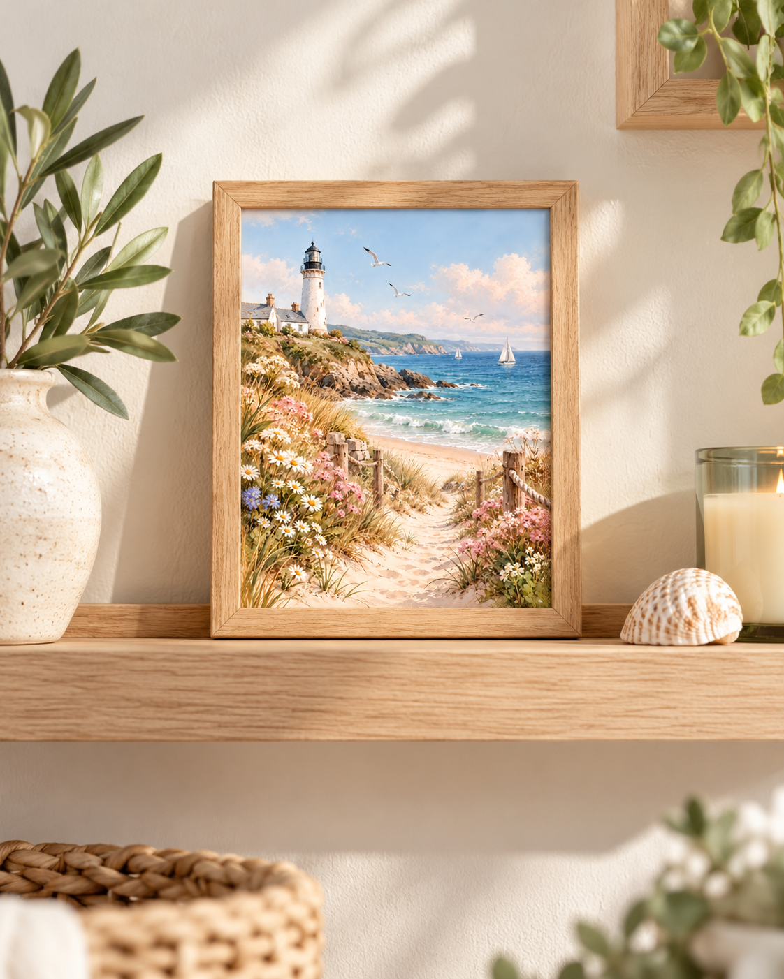 White coastal lighthouse above a sandy beach path with turquoise waves, sailboats, white daisies and pink wildflowers styled in a shelf display