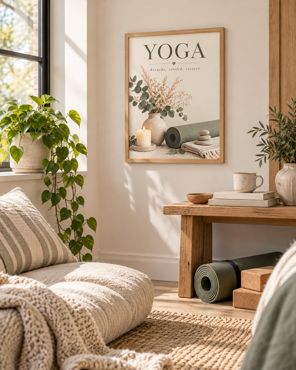 Yoga breathe stretch restore artwork with sage green yoga mat, eucalyptus, dried flowers, candle and stacked stones styled in a wellness corner