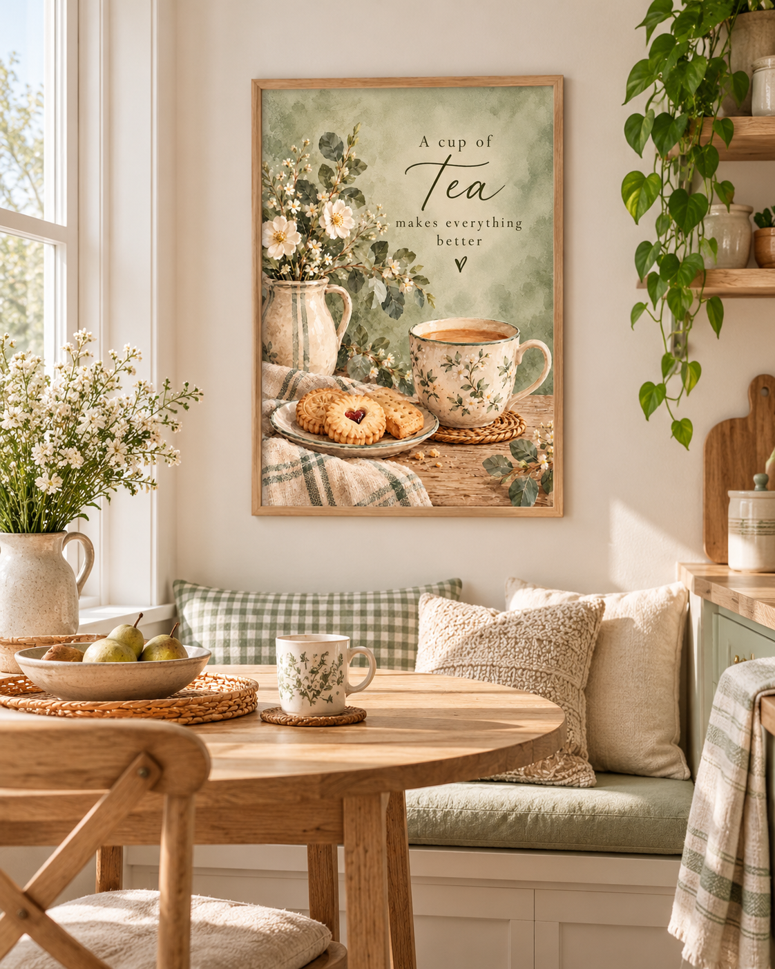 A cup of tea makes everything better quote with floral teacup, biscuits, daisies, ceramic jug and sage green background styled in a kitchen seating area