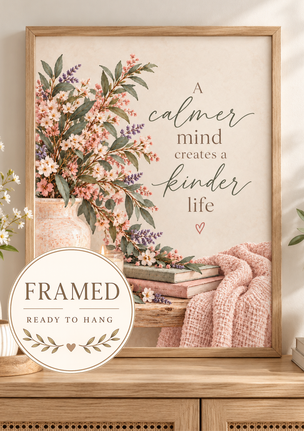 A calmer mind creates a kinder life quote with pink and ivory flowers, sage foliage, ceramic vase, candle, books and blush knitted throw; framed and ready to hang badge