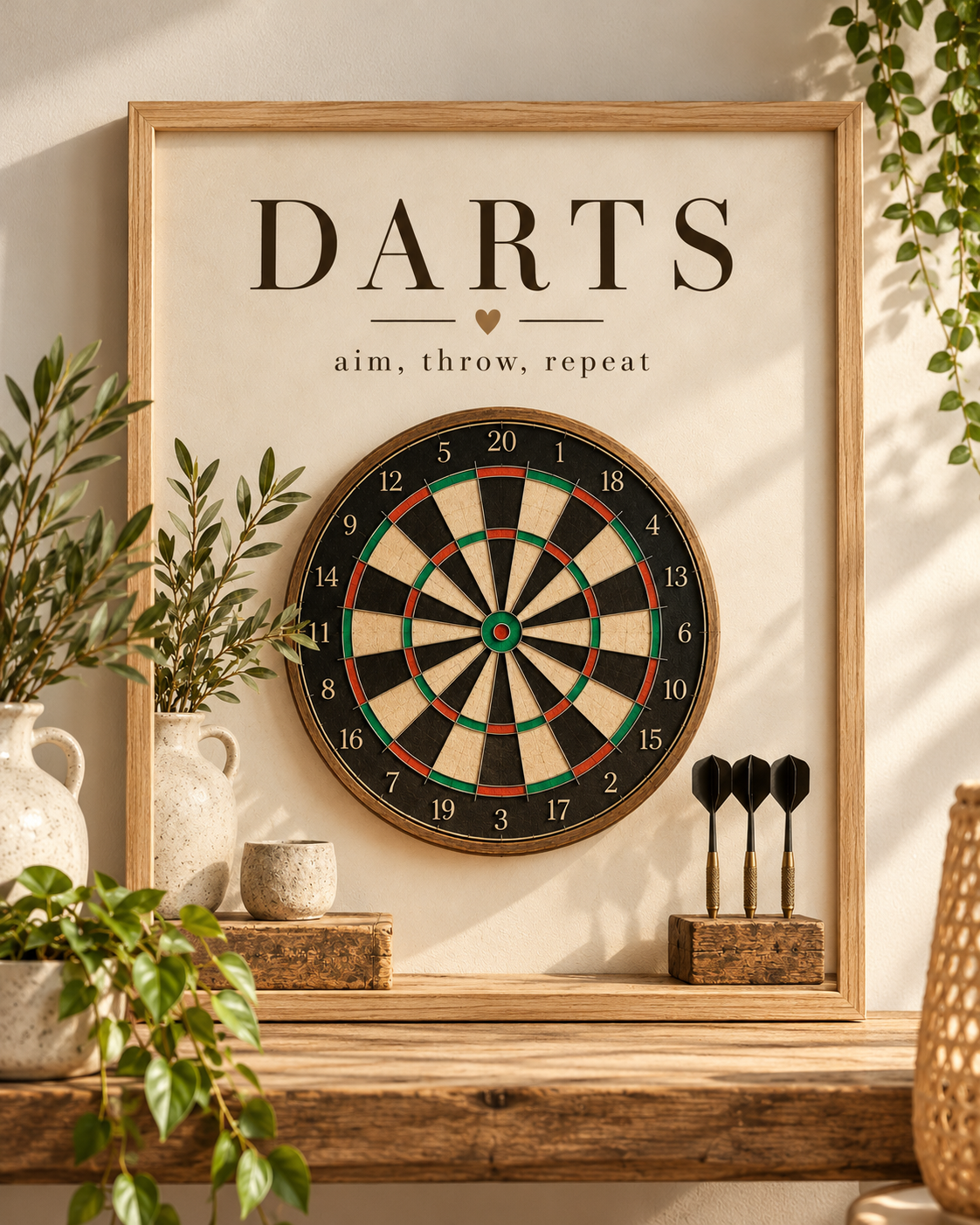 Vintage dartboard with Darts and aim, throw, repeat wording, rustic wood and greenery; print only, frame not included