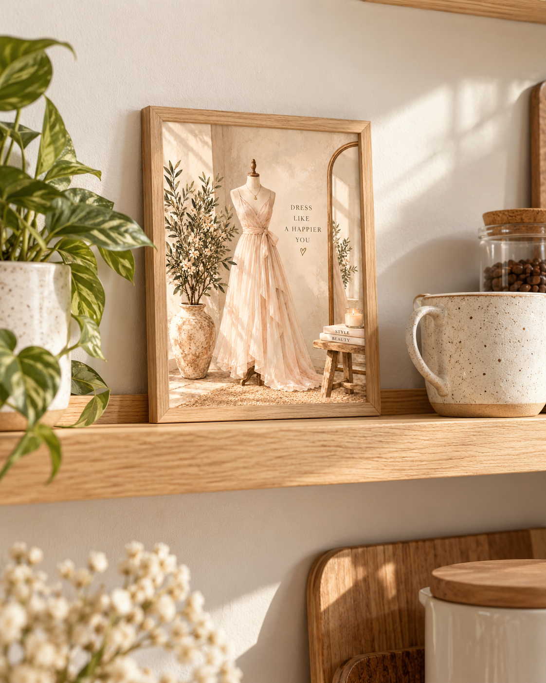 Blush dress on a mannequin with Dress like a happier you quote and soft neutral dressing room styling in a styled home display