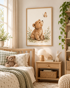 Watercolour teddy bear with paws resting down, looking up at a butterfly among daisies and soft foliage styled in a nursery