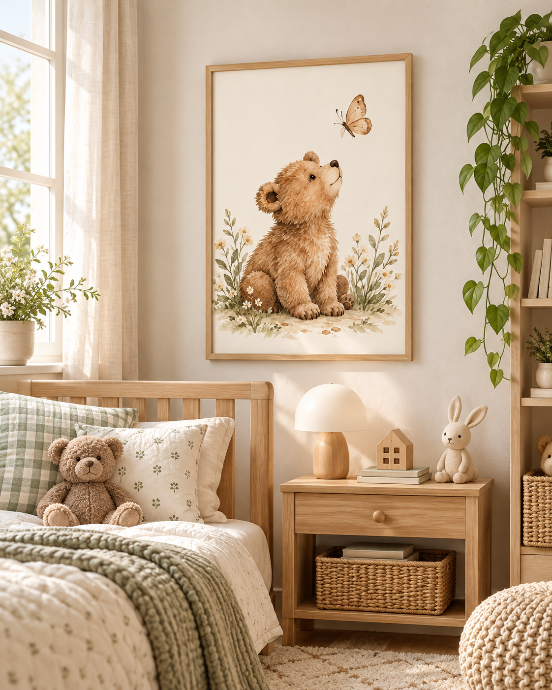 Watercolour teddy bear with paws resting down, looking up at a butterfly among daisies and soft foliage styled in a nursery