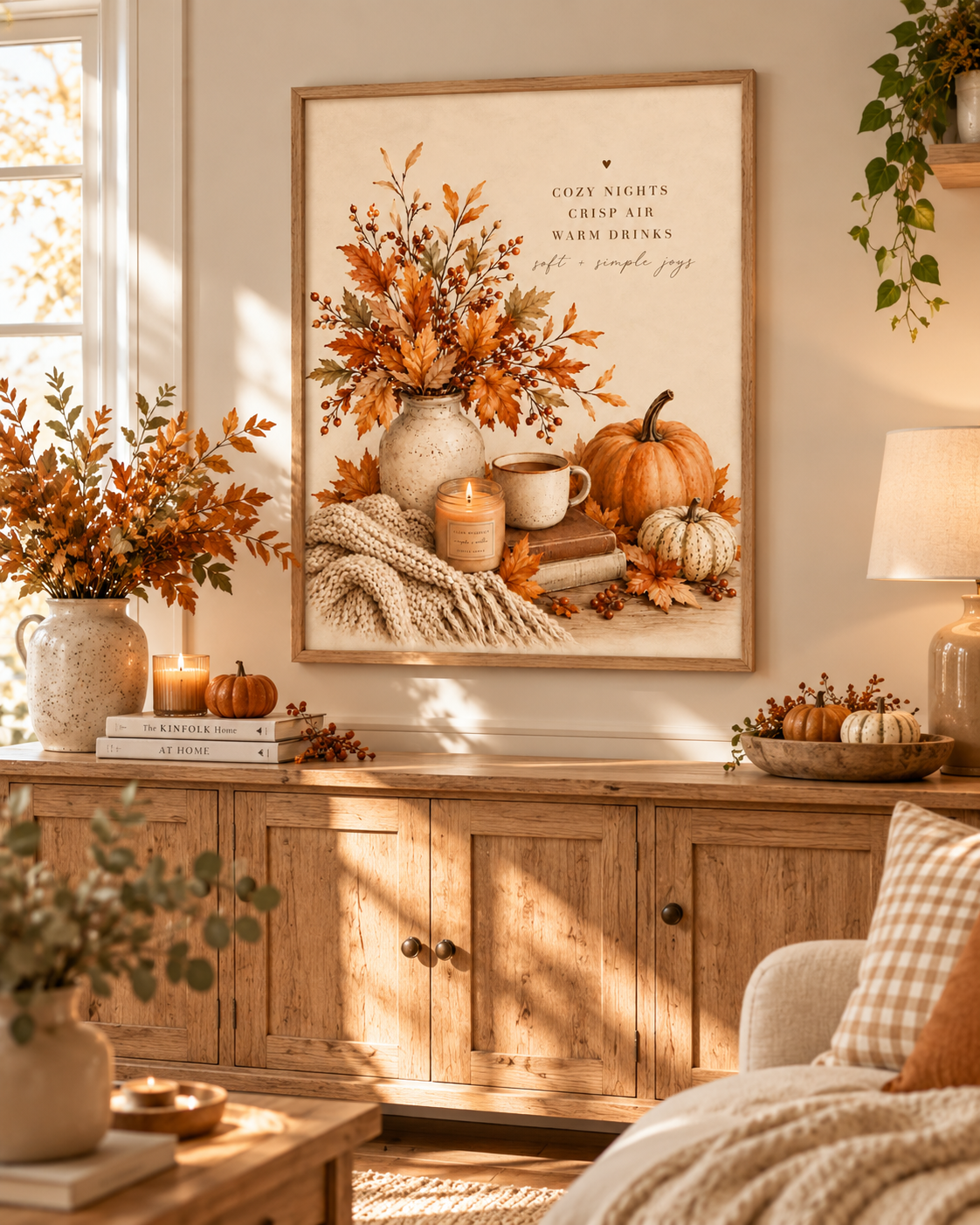 Autumn cosy nights quote with pumpkins, falling leaves, rustic vase, warm drink and knitted blanket styled in a dining area