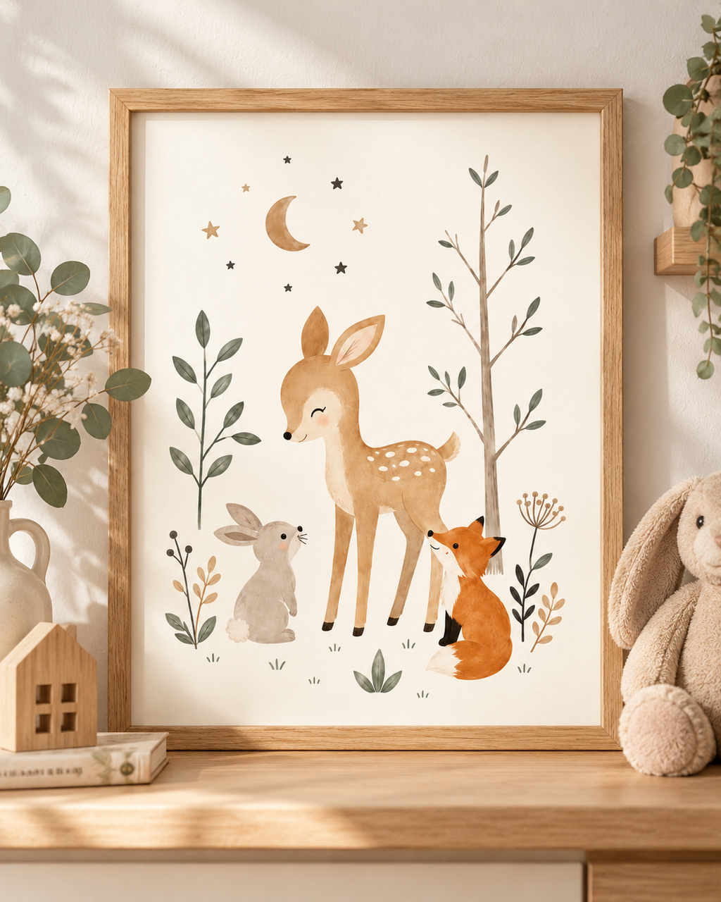 Woodland nursery fawn, fox and rabbit with moon, stars and sage foliage; print only, frame not included