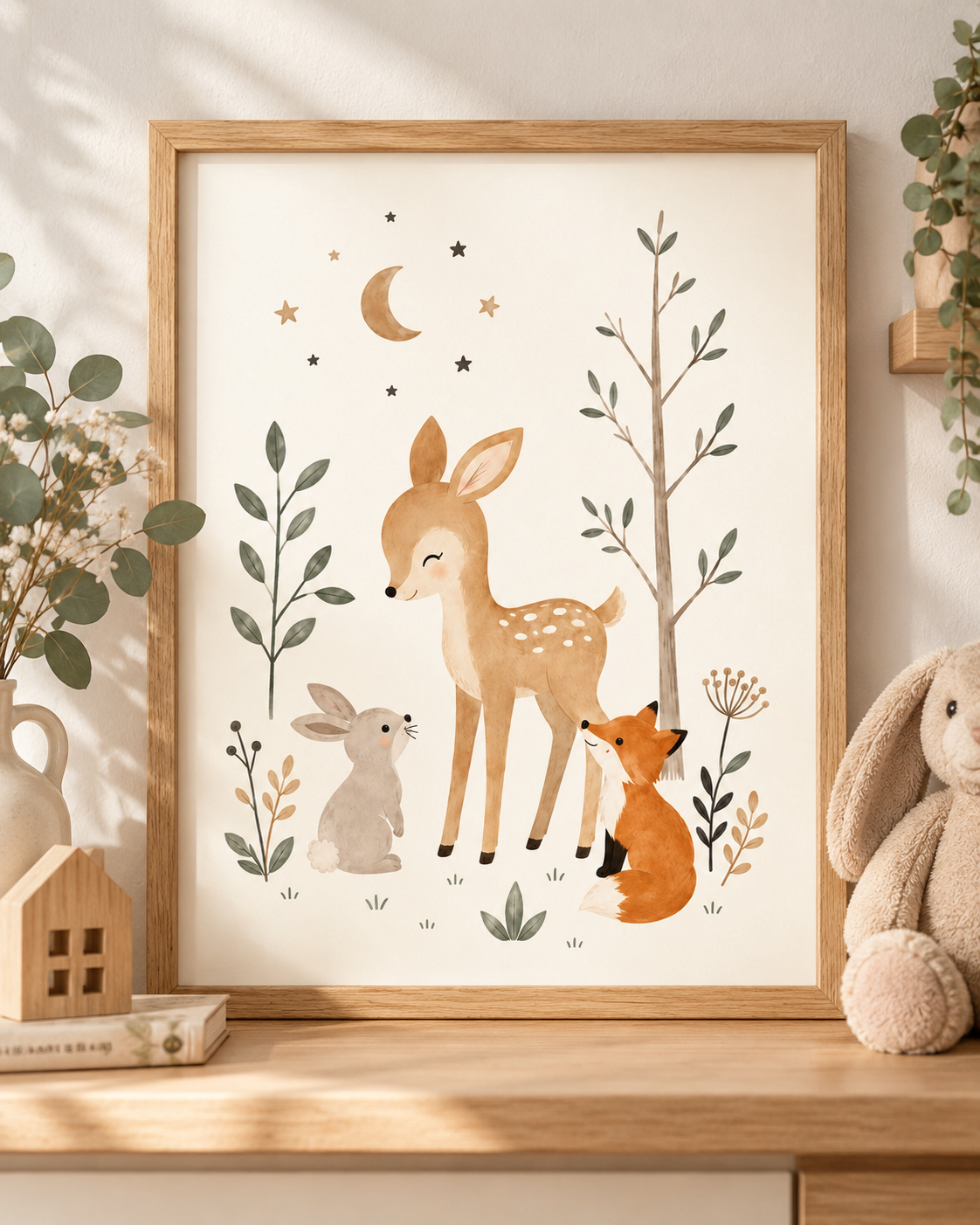 Woodland nursery fawn, fox and rabbit with moon, stars and sage foliage; print only, frame not included