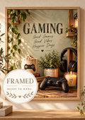 Framed Gaming Room Print, Cosy Gamer Wall Art with Good Vibes Quote