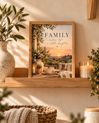 Family makes life a little brighter quote with Tuscan countryside sunset, olive greenery, white flowers, rustic ceramics and candlelight styled in a shelf display