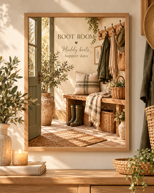 Boot Room quote, Muddy boots happier days, with wellies, rustic bench, woven baskets and country entryway details; print only, frame not included