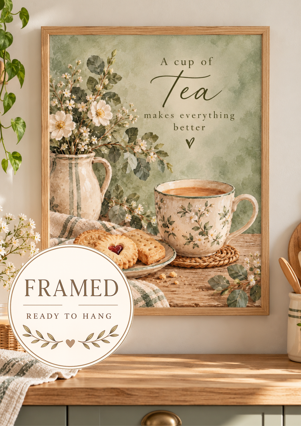 A cup of tea makes everything better quote with floral teacup, biscuits, daisies, ceramic jug and sage green background; framed and ready to hang badge