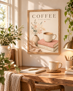 Coffee print above a sunlit desk with a mug and flowers