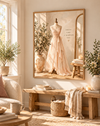 Blush dress on a mannequin with Dress like a happier you quote and soft neutral dressing room styling in a styled home display