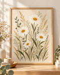 Cream daisy wildflowers with sage green foliage; print only, frame not included
