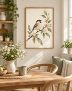 Watercolour songbird perched on a branch with pink blossom and sage green leaves against a warm ivory background styled in a dining room