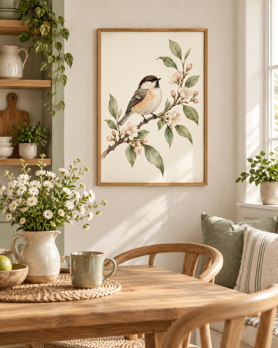 Watercolour songbird perched on a branch with pink blossom and sage green leaves against a warm ivory background styled in a dining room